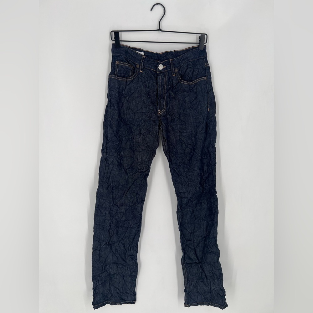 Zara Crinkled Denim Wrinkled High Waisted Straight Leg Jeans